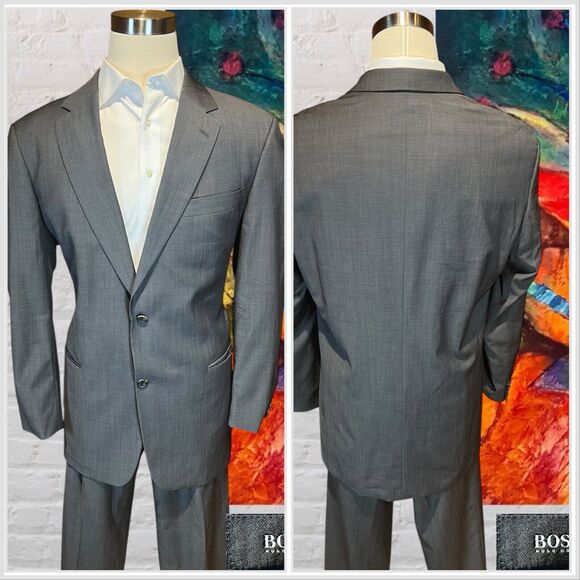 Hugo Boss 44L 38x29 Steel Gray Nailhead 2 Piece Quality Suit Set Virgin Wool - Picture 4 of 16